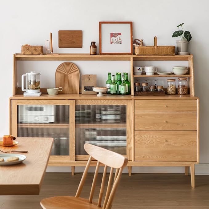 YESWOOD 100% Solid Rubberwood Kitchen Counter Hutch Shelf, Fully Assembled Countertop Organizer Storage Rack, Buffet Hutch Shelf with Trapezoid Structure for Kitchen & Dining Room (Natural, 57.5'')