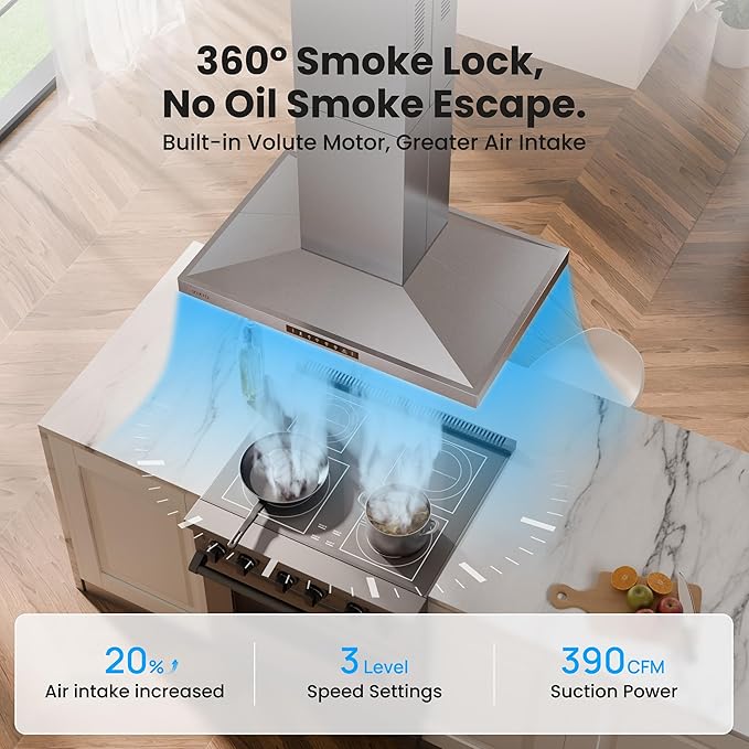 Island Range Hood 36 Inch, 390 CFM kitchen Hood with Touch/Gesture, Ceiling Mount, Convertible Ducted/Ductless, 3-Speed Fan, 3 Stainless Steel Baffle Filters