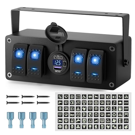 Joinfworld 4 Gang Rocker Switch Box 12V SPST ON/Off Marine Switch Panel 12 Volt Waterproof Blue LED Light Bar with Dual USB Outlet PD3.0 & QC3.0 Car USB Port for Boat Automotive Car Truck RV UTV