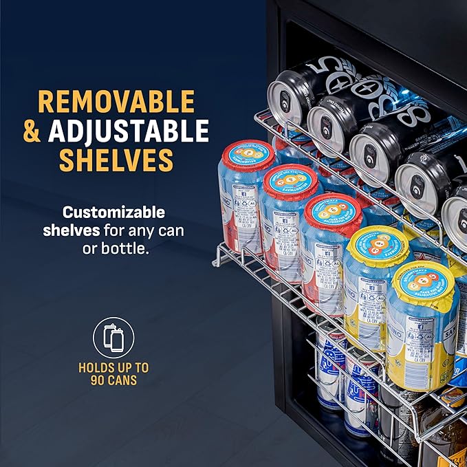 NewAir 90 Can Beverage Refrigerator | 17” Freestanding Small Mini Fridge for Bedroom, Home Bar or Office | Quiet Compressor Cooling & Adjustable Shelves | Stainless Steel