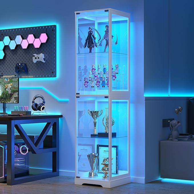 Glass Display Cabinet with Doors, 65" Tall 4-Tier Curio Display Case with 3 Color Lights and Human Body Sensor, Bookcase for Collectibles, White
