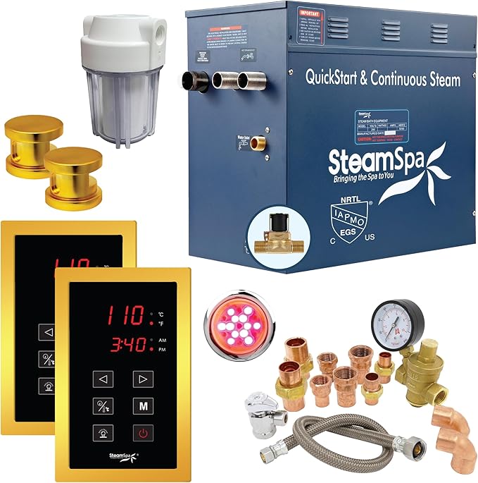 SteamSpa 10.5 kWSteam Generator QuickStart ACU-Steam Bath Generator Package with Built-in Auto Drain and Install Kit in Gold, Steam Generator Kit with Dual Control Panel Steamhead 240V (EXT1050GD-A