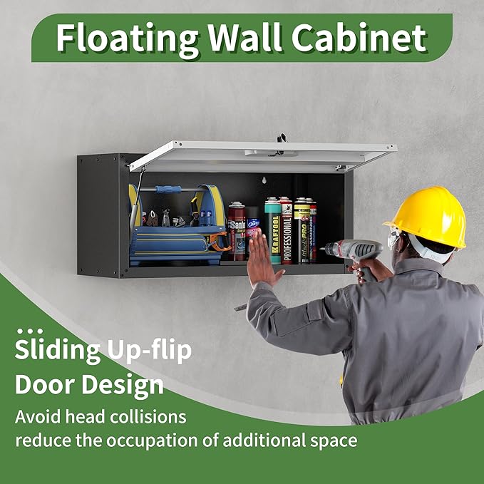 Metal Wall Cabinet,Wall Mounted Garage Cabinets with Lockable Up-Flip Door,Hanging Storage Cabinet 130 lbs Capacity,Floating Cabinet for Tool Organization in Basement,Workshop,Kitchen,Black/Grey