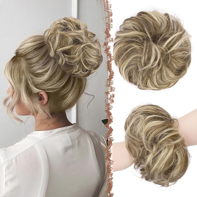 FESHFEN Large Messy Bun Hair Piece - Wavy Synthetic Chignon Scrunchies Elastic Ponytail Hair Extensions Thick Hairpieces for Women, Brunette & Blonde 1.94oz