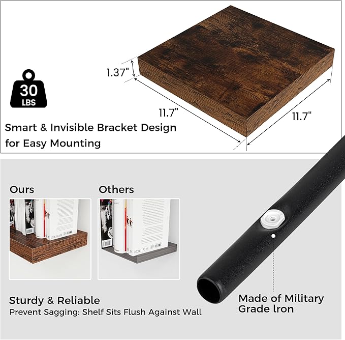 Square Floating Shelves for Wall 12"W x 12"D x 1.4"H, Engineered Wood Wall Shelves with Invisible Brackets for Living Room Bedroom Bathroom Office Kitchen Storage Decor, Rustic Brown Finish, Set of 3