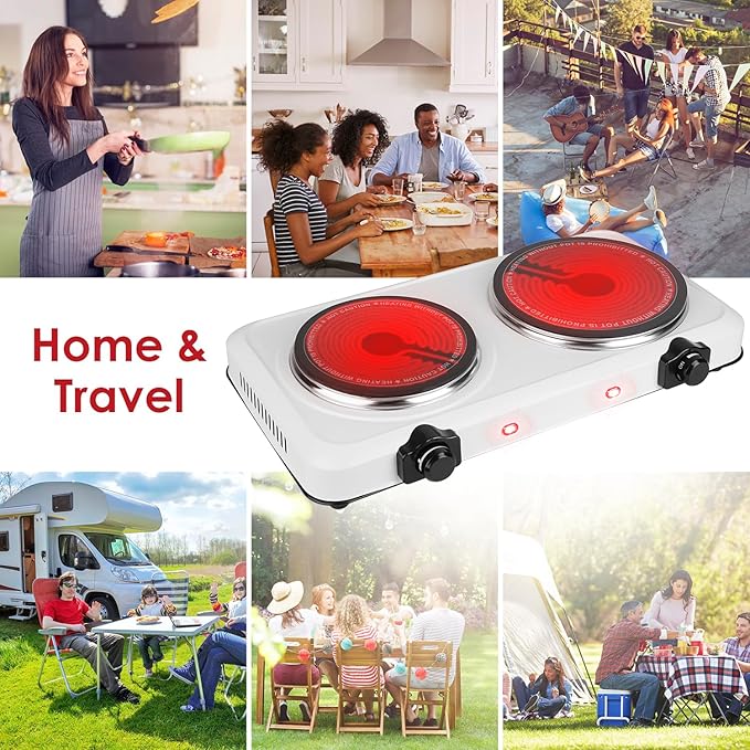 1800W Infrared Double Burner, Portable Hot Plate for Cooking, Countertop Burner with 7.5” & 6.3” Glass Plate Electric Cooktop with Stepless Temperature Adjustments for Home RV Camping