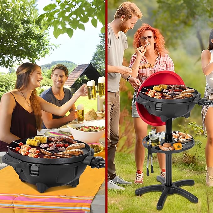 Electric Grill Outdoor/Indoor,Portable BBQ Grill with Nonstick Surface,200 Square Inches Indoor Electric Barburcue Grill with Adjustable Heat,Stand/Tabletop,for Patio/Yard/Home(Red)