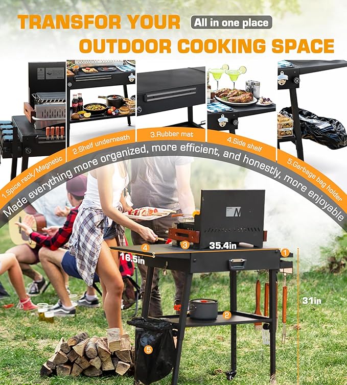 Upgraded Heavy-duty Foldable Grill Table & BBQ Prep Cart Designed for Blackstone 17" & 22",Height Adjustable Premium outdoor Grill Stand