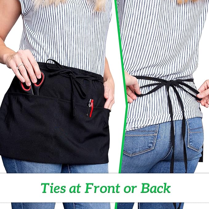 GREEN LIFESTYLE Server Aprons with 3 Pockets - Waist Apron, Waitress Apron for Women and Man, Water Resistant with Long Waist Strap Reinforced Seams, Half Apron (24 Pack - Black)