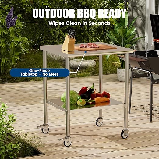 Stainless Steel Work Table with Wheels, 30x30 Inch NSF Kitchen Prep Table with Adjustable Undershelf for Commercial Restaurant, Garage, Outdoor BBQ