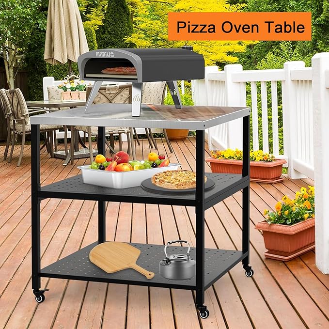 Mimiuo Grill Cart Pizza Oven Stand for Most Pizza Oven 31.5 x 31.5 x 33 inch, Large Stainless Steel Modular Table for Indoor Outdoor, Movable Food Prep Dining Trolley for Kitchen Patio Backyard