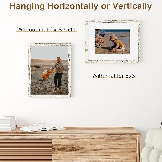 Vittanly 8.5x11 Picture Frame, Solid Wood Frame with Plexiglass, Includes 6x8 Mat, Wall Hanging or Tabletop for Photos, Home Decor, Distressed White, 1 Pack