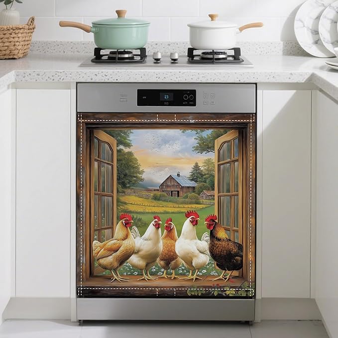 Farm Chicken Magnetic Dishwasher Cover,Rooster Dishwasher Covers for The Front Magnetic Dishwasher Panel Decal Cover for Kitchen 23x26inch