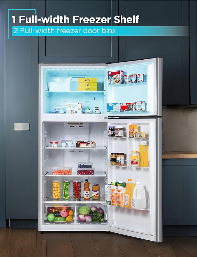 BLACK+DECKER 18.1 Cu. Ft. Top Mount Refrigerator with Ice Maker, 2-Door Refrigerator with Top Freezer, Freezer with Icemaker and Adjustable Temperature Control, ENERGY STAR, BR1810HIMS, Stainless Look