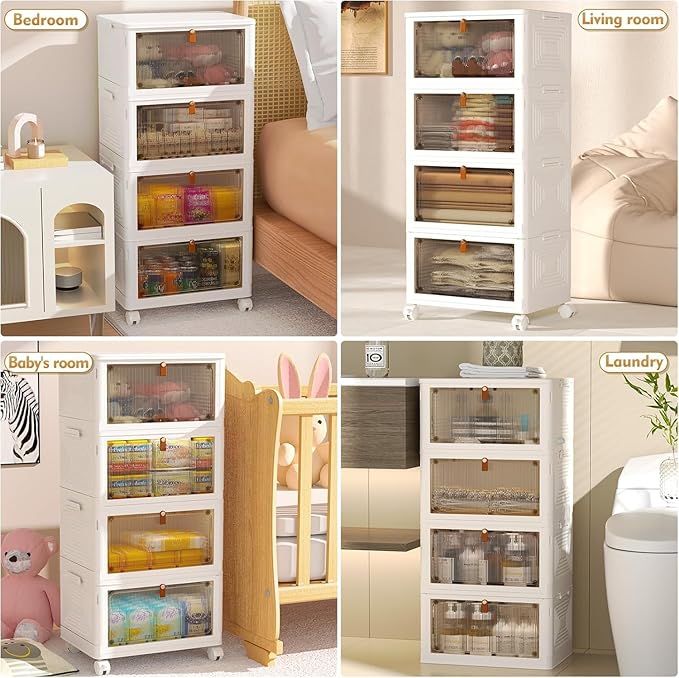 4 Tier Plastic Storage Bins with Lid 23QT, Stackable Storage Containers with Wheels, Folding Storage Boxes, Collapsible Storage Bins, Closet Organizers and Storage for Living Room,Office,Dorm