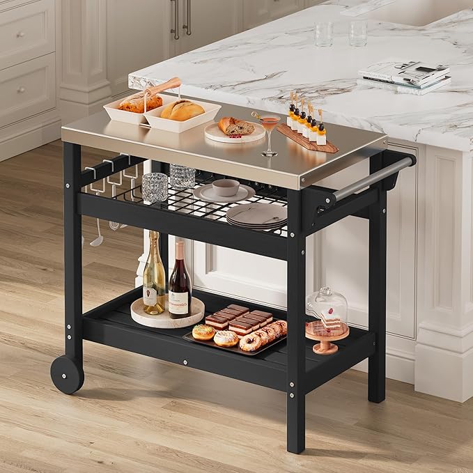 SERWALL Outdoor Grill Cart Table with Three Tier Storage Shelves, Movable Prep Cart, Weather-Resistant HDPE Material, Dining Cart Table for Outdoor Cooking, Four Hooks, Black