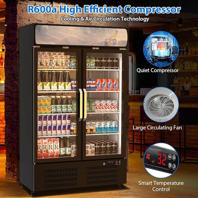 PeakPursuit Commercial Beverage Refrigerator 27.1 Cu.ft, Glass Door Display Fridge with LED Light, 10 Adjustable Shelves, Upright Merchandiser Refrigerator for Restaurant, Cafe, Store, Black