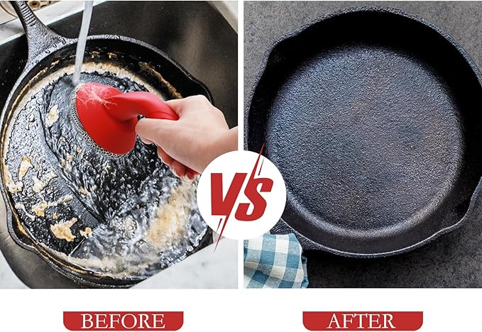 Cast Iron Cleaner Scrubber with Handle -3mm Welded Chain Mail Cast Iron Grill Scrubber Brush-Chainmail Sponge Scrub Cleaning Tool to Clean Skillets, Pan,Griddle, Wok