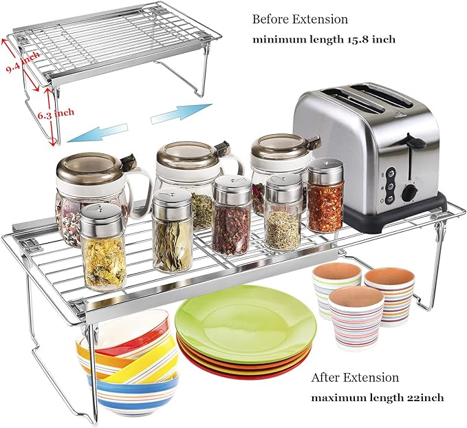 Orgneas Expandable Cabinet Shelf Organizer, Adjustable Freezer Shelf 15.8"-22" Thickened Heavy Duty Organizer and Storage Shelves for Kitchen Cabinet Pantry Refrigerator, 2 Pcs