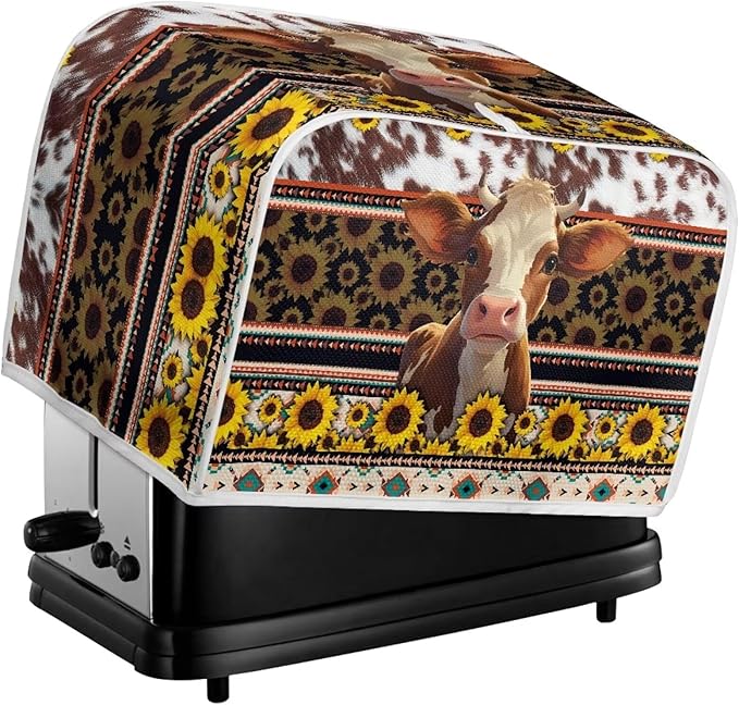 UNICEU Sunflower Cow 4 Slice Quilted Toaster Cover - Dust-proof Aztec Geometric Print Bread Maker Cover for Kitchen Small Appliances