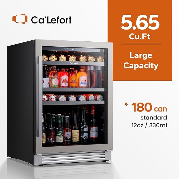 Ca'Lefort 24 Inch Beverage Refrigerator, 180 Can 34°F -54°F Beverage Fridges, Drink Fridge with Glass Door 3 LED Beverage Coolers Built in or Freestanding, Perfect for Home/Kitchen(Right-Hinged)