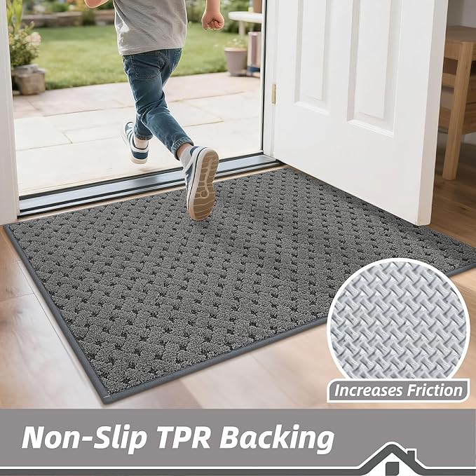 BEQHAUSE Dirt Trapper Door Mat Non-Slip Entryway Rugs Stain Resistant Absorbent Dog Doormats Woven-Look Washable Welcome Floor Doormat for Front Back Door, Muddy Wet Shoes & Paws, 20" x 32", Grey