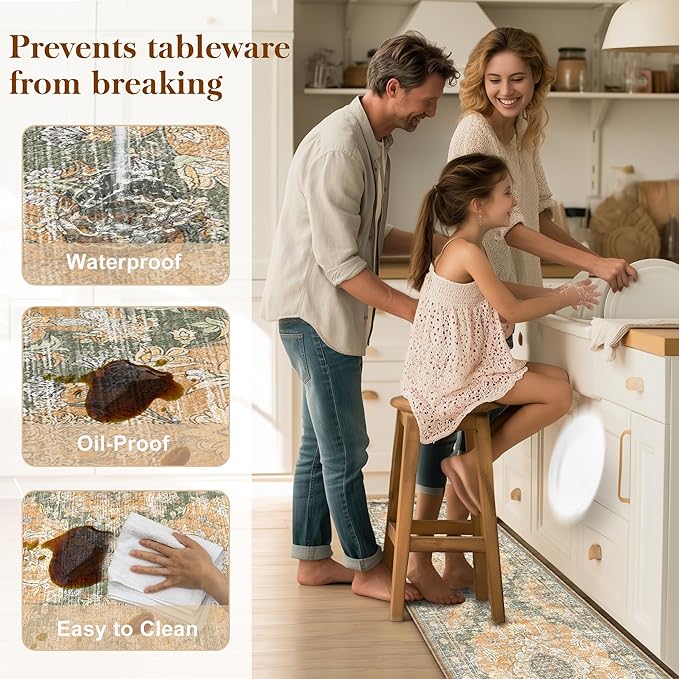 Boho Kitchen Mats for Floor 2 Piece Set Anti Fatigue Cushioned PVC Kitchen Rugs Non Slip Waterproof Farmhouse Mats 2/5 Inch Comfort Standing Mat for Sink, Laundry, 17.3"x59"+17.3"x28", Green Orange