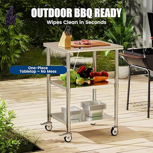 Stainless Steel Work Table with Wheels, 24x24 Inch NSF Kitchen Prep Table with 2 Adjustable Undershelves for Commercial Restaurant, Garage, Outdoor BBQ