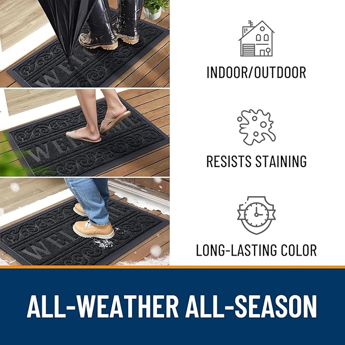 OLANLY Welcome Door Mat Indoor Outdoor Entrance, Heavy Duty Sturdy Front Door Mat, Waterproof All-Weather Doormat, Stain Resistant, Low Profile, Easy Clean Patio Entryway Mat, 59 x 35, Black