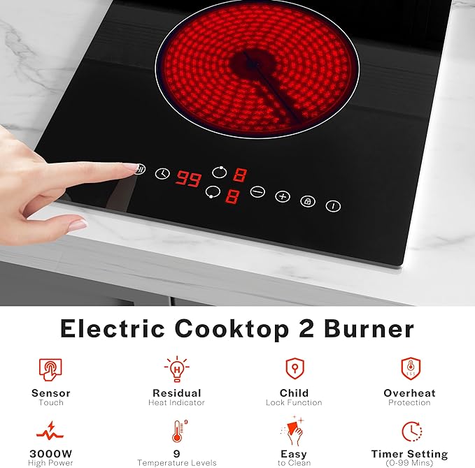 Empava 12 Inch Built-in Electric Cooktop with 2 Burners, Touch Control, Individual Timers, Stop & Go, Child Lock, Flush Mount Design, ETL Certified, 1200W & 1800W Zones, Hard Wired(No Plug)