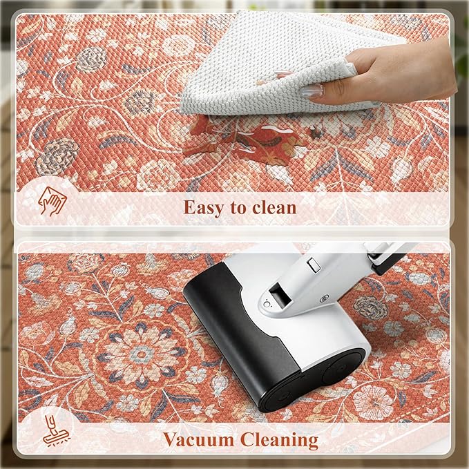 KIMODE Anti Fatigue Mat for Kitchen Floor Non Slip,Boho Vintage Floral Kitchen Rugs Sets of 2,Wide Cushioned Memory Foam Waterproof Standing Carpet for Laundry Sink Home,Red