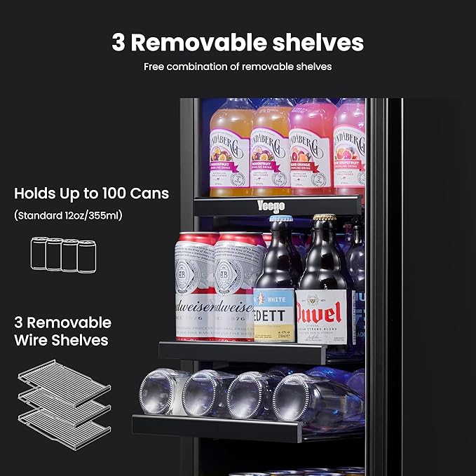 Yeego 15 Inch Beverage-Refrigerator, Beverage Cooler Stainless Steel Refrigerator Built-in or Freestanding, Small Wine Fridge with Glass Door, Drink Fridge for Beer, Soda, Wine