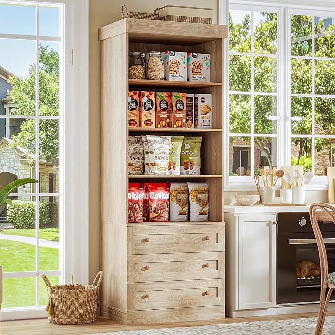 Vyre 71" Tall Farmhouse Kitchen Pantry, Large Storage Cabinets with Glass Doors, Freestanding Wood Hutch Cabinet with 3 Drawers & Adjustable Shelves for Living Room & Dining Room, Brown, Set of 3