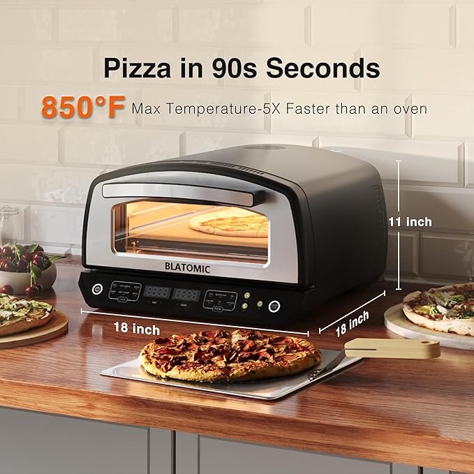 Indoor Pizza Oven - Makes 13 Inch Pizzas, Heats up to 850°F - Countertop Electric Pizza Maker with 6 Touchscreen Presets, Pizza stone & Peel, Baking Tray & Mesh Included - Stainless Black