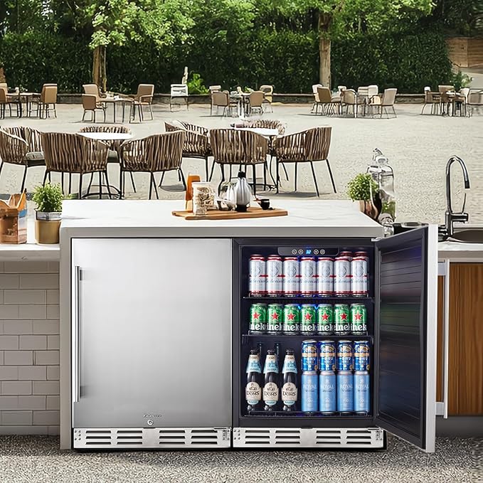 Kalamera Beverage Refrigerator, 24 inch Under Counter Drink Cooler for 154 Cans 32-41℉ Temperature Range, Built-in or Freestanding Ooutdoor Fridge with Stainless Steel Door