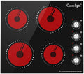 24 Inch Electric Cooktop, 4 Burner Ceramic Stove with 9 Power Levels, Knob Control, Auto shutdown and Residual Heat Warning, 6000W, 220-240V for Hard Wire