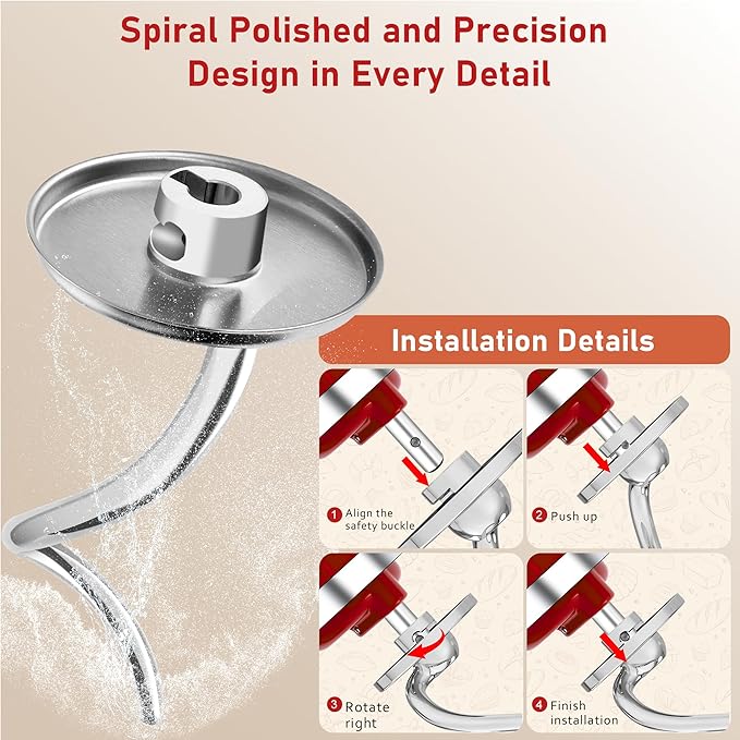 Premium 316 Stainless Steel Spiral Dough Hook Attachment for Kitchenaid all 5Plus QT Bowl-Lift Stand Mixers, Dishwasher Safe, Rustproof & Heavy-Duty, Kneads Perfectly Dough Master, Spatula & Recipe