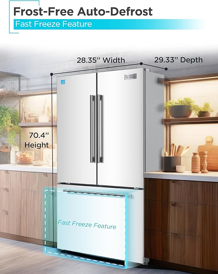 BLACK+DECKER 16 Cu. Ft. French Door Refrigerator with Built-in Ice Maker, Full Size Refrigerator with Bottom Mount Freezer Drawer, ENERGY STAR certified, White