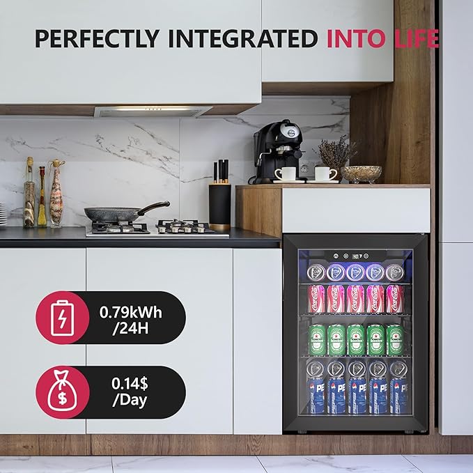 100 Can Beverage Refrigerator Cooler, 2.7 cu.ft Mini Fridge Glass Door for Beer Drinks Wines, Freestanding Beverage Fridge with Adjustable Shelves Blue LED for Home/Office/Dorm/Bar, Black
