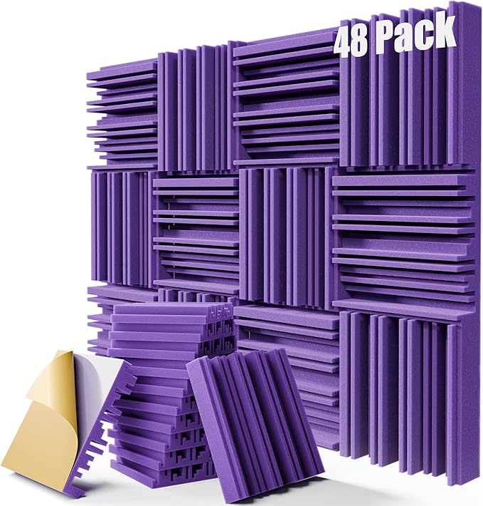 48 Pack Sound Proof Foam Panels,12" X 12" X 2" Self-Adhesive Acoustic Panels with High Density,Decorative Soundproof Wall Panels Sound Absorbing Foam for Wall and Ceiling (Purple)