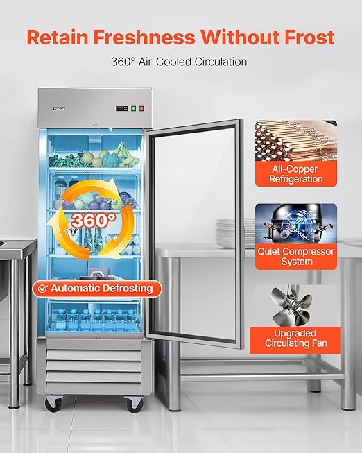 VEVOR Commercial Reach-In Refrigerator 29" W, 22 Cu.Ft Stainless Steel Upright Refrigerator with Single Glass Door, Auto-Defrost, 4 Adjustable Shelves, 32 to 50℉ Temp Control, ETL Certified