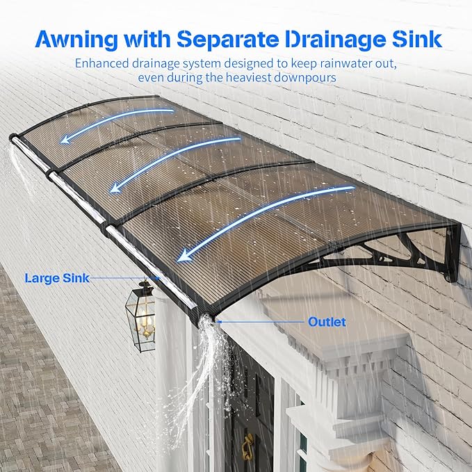 Awning for Door Entrance with Drainage Sink,32x60 Inch Awnings for Doors,Window Canopy Exterior with Plastic Steel Bracket,Polycarbonate Cover,UV,Rain,Snow Protection for House,Porch,Patio,Deck
