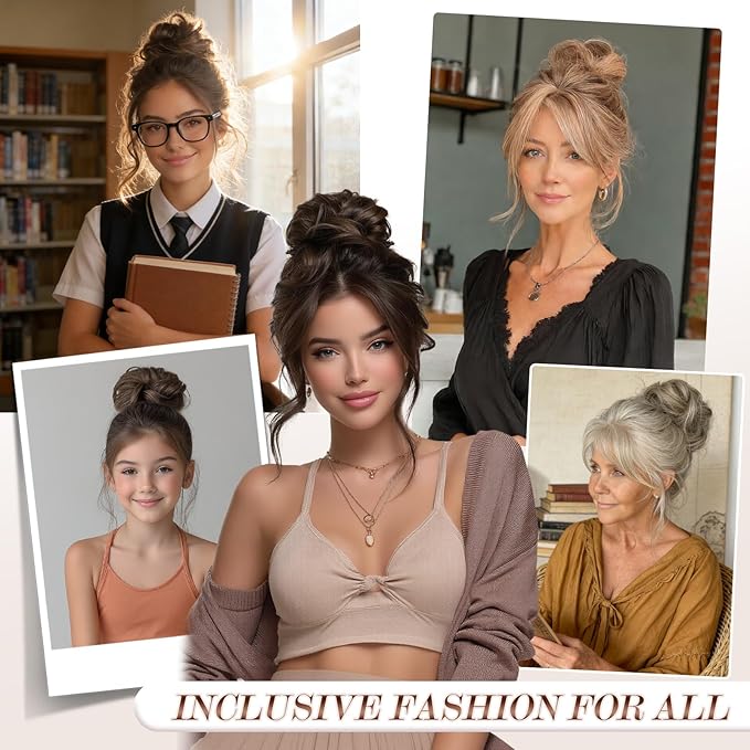 FESHFEN Large Messy Bun Hair Piece - Wavy Synthetic Chignon Scrunchies Elastic Ponytail Hair Extensions Thick Hairpieces for Women, Ash Brown & Blonde 1.94oz