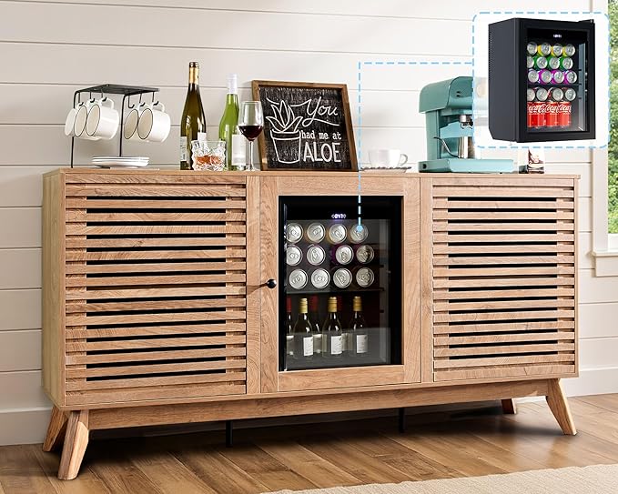 60" Farmhouse Coffee Bar Cabinet with Beverage Fridge (Included), Wine Bar Cabinet with Drawer Storage, Mini Fridge Cabinet, Sideboard Cabinet for Dining Room, Living Room-White