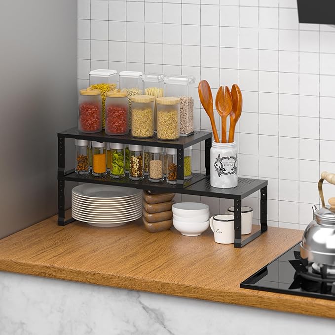 Flat Top Storage Rack - Expandable Countertop Space Saver, Heavy-Duty Steel Construction, Powder Coated Finish for Kitchens, Bathrooms, Workshops or Offices