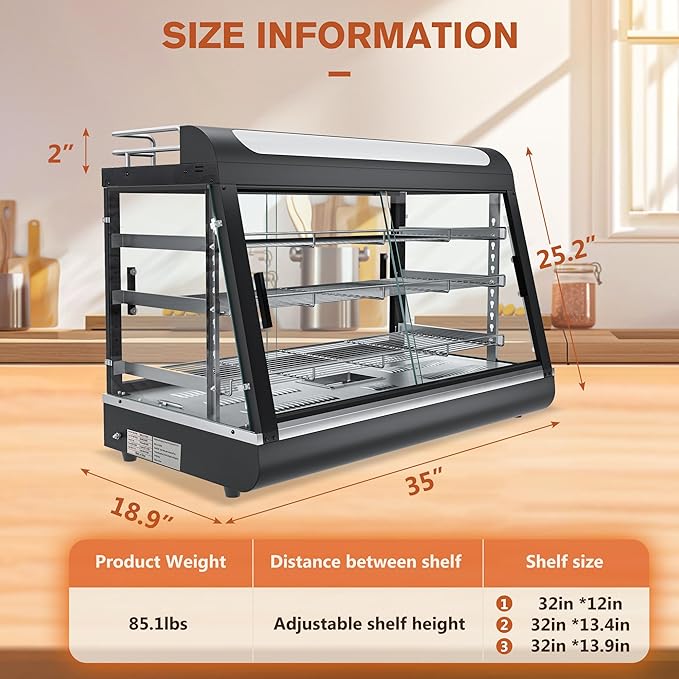 35inch 3-Tier Commercial Food Warmer with Top Rack for Milk Juice, Countertop Heat Holding Cabinet Display Case for Pizza/Pretzel, Three Color Lighting, w/Thermometer for Cafeteria Kitchen Restaurant