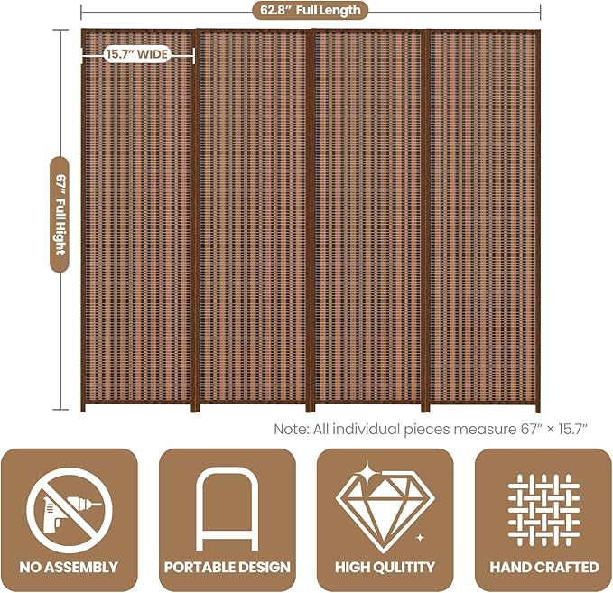 4 Panel Room Divider and Extra Wide Folding Privacy Screen, 63" W x 67" H, Bamboo Room Divider for Room Separation.