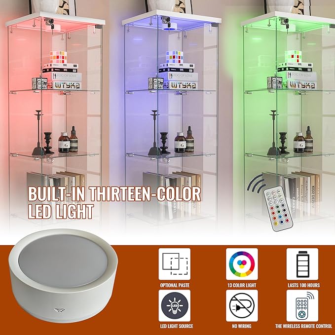 Yoluckea 4 Tiers Glass Display Cabinet with LED Lighting and Drawer, 1 Door Floor Standing Curio Cabinet with Wheel for Home, Office, Corner Display, White Glass Bookshelf for Collections and Decor