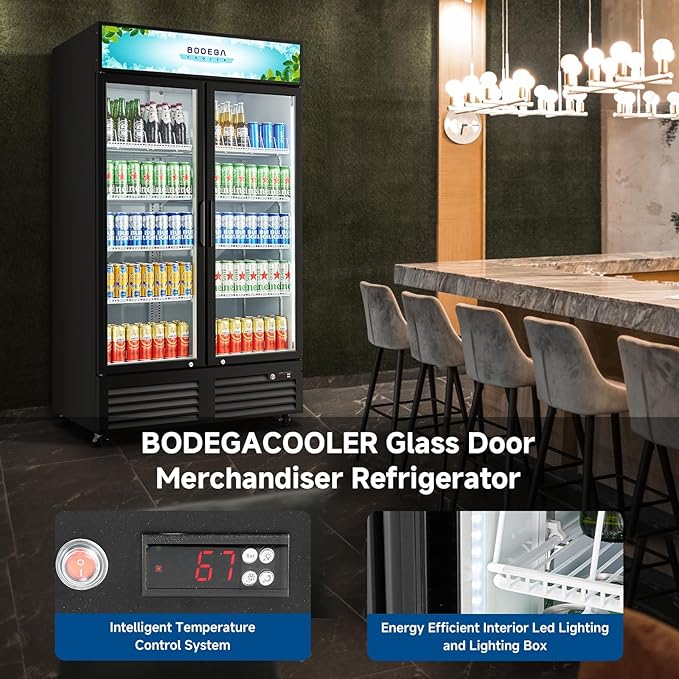 BODEGACOOLER Commercial Merchandiser Refrigerator,2 Glass Door Commercial Beverage Refrigerator, Beverage Display Cooler with Soft LED Light, Adjustable Shelves and 4 Strong Castors, 35.4 Cu. Ft,Black