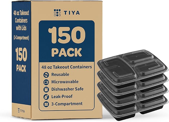 TIYA Food Containers - 48 oz Bulk 150 Pack with Lids - Plastic Compartment To-Go Boxes - Reusable, Microwavable, Dishwasher Safe - Leak-Proof for Meal Prep - BPA-Free